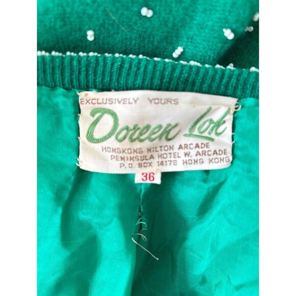 DOREEN LOK Vintage 60s Green Wool White Beads 3/4 Sleeves Cardigan Sweater 36/4 - Picture 3 of 13
